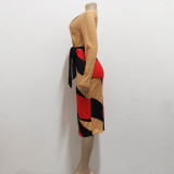 SC Fashion Color Block Print Long Sleeve Dress SMR-11884