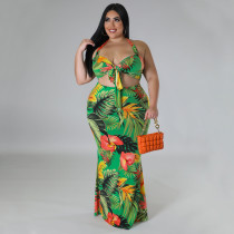 SC Plus Size Sexy Print Halter Tie Up Skirts Two Piece Set NNWF-7799