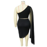 SC Plus Size Sexy Slash Shoulder Shawl Sleeve Two Piece Skirts Set NNWF-7810