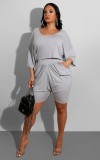 SC Solid Color Ruched Half Sleeve Shorts 2 Piece Set WY-86688