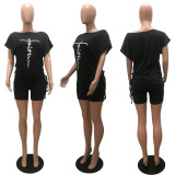 SC Letter Print Bat Sleeve Drawstring T-shirt Shorts Set MAE-2159