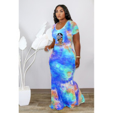 SC Plus Size Tie Dye Print Short Sleeve Mermaid Dress YFS-10314