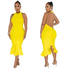 SC Solid Color Halter Midi Dress YF-10425