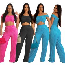 SC Sexy Solid One Shoulder Wide Leg Pants Two Piece Set MX-8231