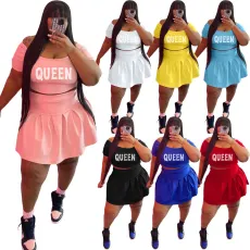 SC Plus Size Letter Crop Top Pleated Skirt Two Piece Set WAF-7426246