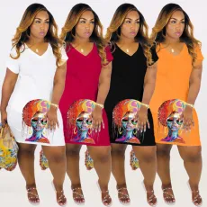 SC V-neck Fashion Print Midi Dress WAF-008286
