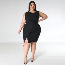 SC Plus Size Solid Color Sleeveless Split Dress ONY-7042