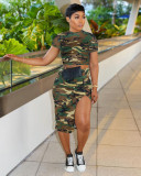 SC Camo Printed Short Sleeve And Split Skirt 2 Piece Set YUF-90116