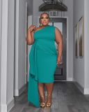 SC Plus Size Solid Sleeveless Oblique Shoulder Dress MOF-8922