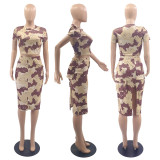 SC Camo Printed Short Sleeve And Split Skirt 2 Piece Set YUF-90116