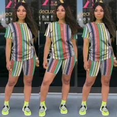 SC Plus Size Print Short Sleeve Sport Two Piece Shorts Set TE-4581