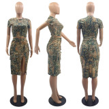 SC Camo Printed Short Sleeve And Split Skirt 2 Piece Set YUF-90116