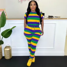SC Striped Printed Short Sleeve Pants Two Piece Set TE-4603