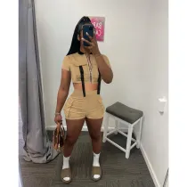SC Fashion Zip Short Sleeve Shorts Two Piece Set FOSF-8345