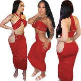 SC Sexy Solid Halter Top Hollow Long Skirt Two Piece Set WY-86774