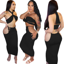 SC Sexy Solid Halter Top Hollow Long Skirt Two Piece Set WY-86774