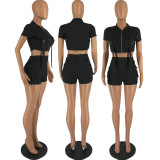 SC Fashion Zip Short Sleeve Shorts Two Piece Set FOSF-8345