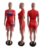 SC Plus Size Print Short Sleeve Tassel Shorts Set OM-1595