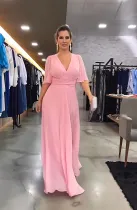 SC Chiffon Split V-neck Solid Color Long Dress GYLY-9952