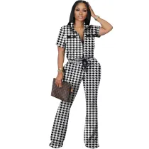 SC Fashion Print Zip Short Sleeve Pants Two Piece Set HMS-5567