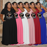 SC Plus Size Print Lapel Neck Maxi Dress WAF-7439298