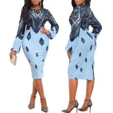 SC Sexy Fashion Print Long Sleeve Midi Dress SMR-11571