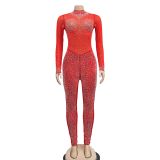 SC Fashion Mesh Hot Drill Long Sleeve Two Piece Pants Set BY-6203