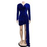 SC Solid Sequin Cape Long Sleeve Mini Dress BY-6231