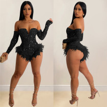 SC Sexy Wrap Chest Sequin Feather Bodysuit BY-6225