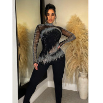 SC Long Sleeve Mesh Hot Drill Jumpsuits BY-6226