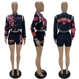 SC Fashion Print Baseball Coat And Shorts Two Piece Set XYF-9302
