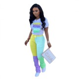 SC Letter Print Top Contrast Color Ruched Pants Two Piece Set XYKF-9216