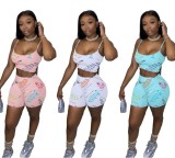 SC Letter Print Sling Two Piece Shorts Set WY-86776