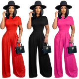 SC Solid Short Sleeve Pullover And Wide Leg Pants Two Piece Set SH-390498