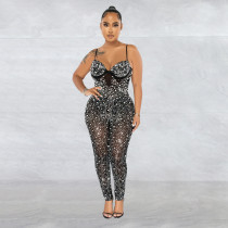 SC Mesh Hot Drill Sling Jumpsuit BY-6272