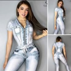 SC Casual Denim Print Short Sleeve Pants Two Piece Set GYSF-7152