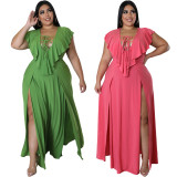 SC Plus Size Fashion Solid Color Ruffle Split Maxi Dress CQF-90121
