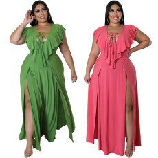 SC Plus Size Fashion Solid Color Ruffle Split Maxi Dress CQF-90121