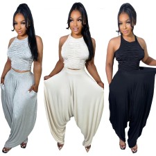 SC Casual Sleeveless Backless Top Loose Pants Two Piece Set CQF-90120