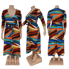 SC Plus Size Print V Neck Waist Belt Long Dress YIDF-81362