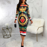 SC Sexy Fashion Print Long Sleeve Round Neck Midi Dress SMR-11855