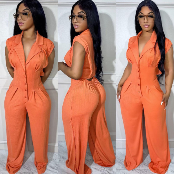 SC Solid Short Sleeve Wide Leg Jumpsuit BN-9421