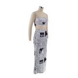 SC Newspaper Print Tube Tops And Skirt Two Piece Set HNIF-ZHZ001