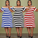 SC Plus Size Stripe Print Short Sleeve Midi Dress WAF-77551