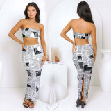 SC Newspaper Print Tube Tops And Skirt Two Piece Set HNIF-ZHZ001
