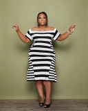 SC Plus Size Stripe Print Short Sleeve Midi Dress WAF-77551