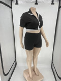 SC Plus Size Casual Sports Short Sleeve Zipper Top Shorts 2 Piece Set SLF-7056