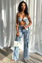 SC Sexy Tie Up Bra And Holes Jeans Two Piece Set LX-5529