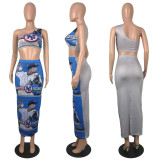 SC Baseball Print Slash Shoulder Tops And Skirt Two Piece Set YIY-9027