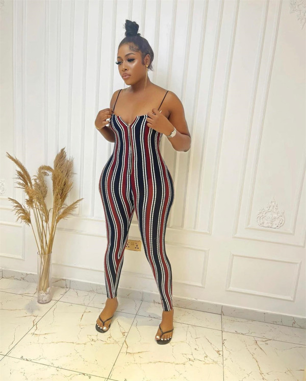 SC Stripe Print Contrast Color Sling Jumpsuit GEYF-6205